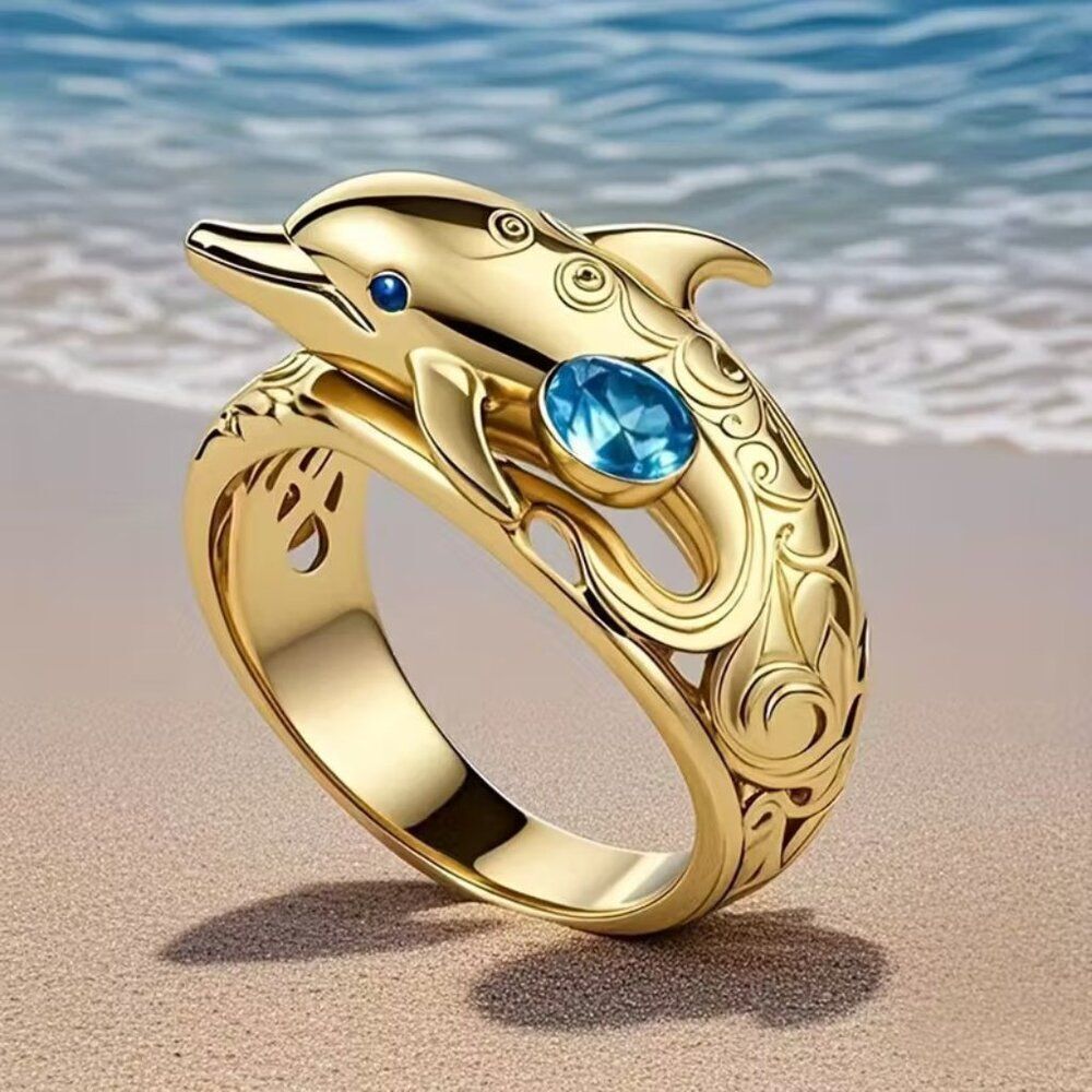 Women's Dolphin Shaped Bohemian Retro Marine Ring Gold Color w Blue Stone Sz 7